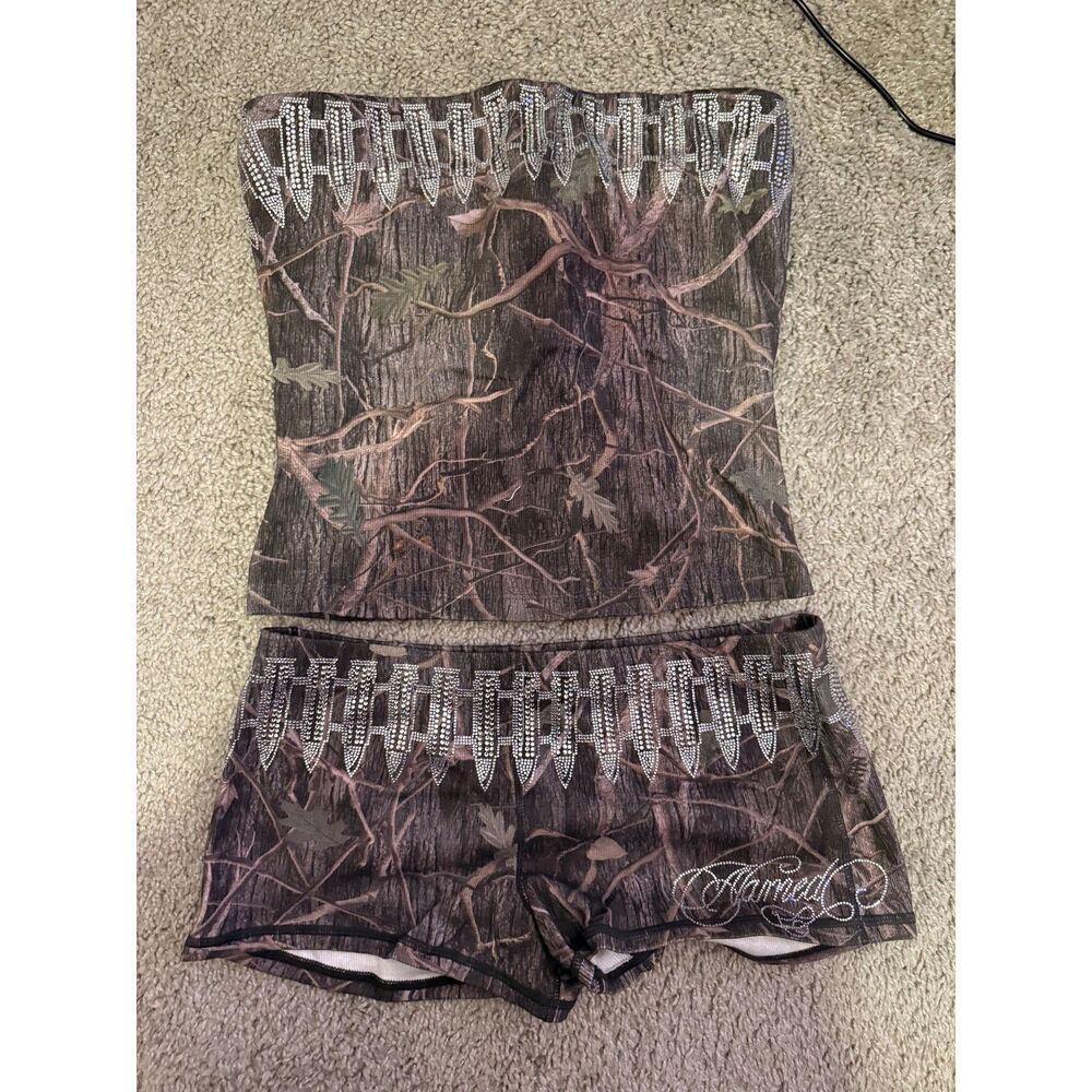 Named Collective Enemy Rhinestone Camo set tube top + shorts
